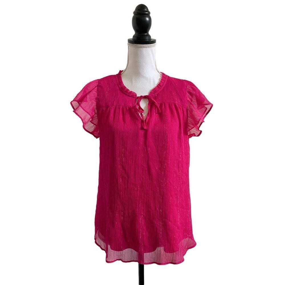 LC Lauren Conrad Hot Pink Metallic Sparkle Tie Front Flutter Top Ladies Medium
